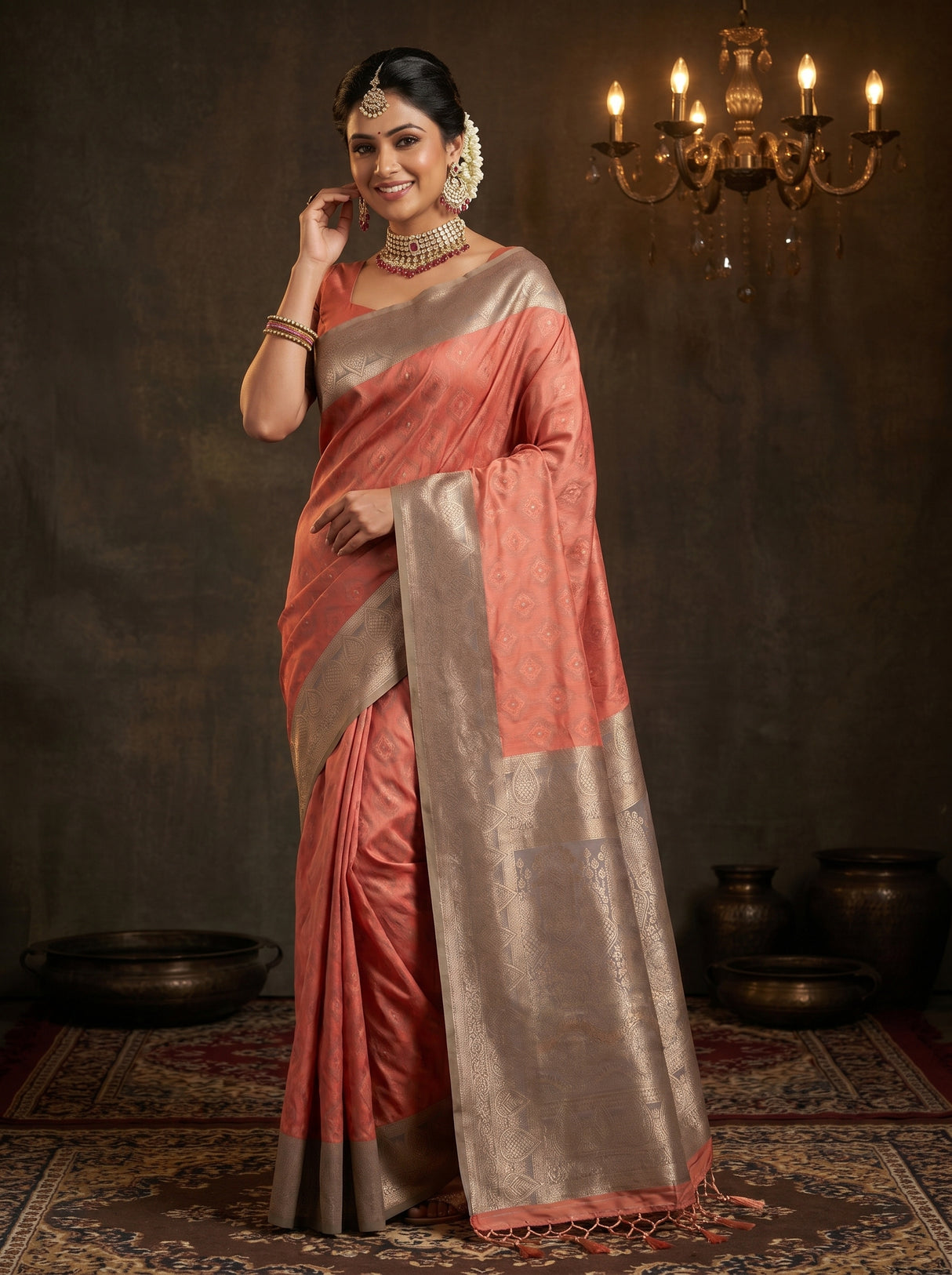 MIMOSA Pink Kanjivaram Art Silk Saree — AI model full view