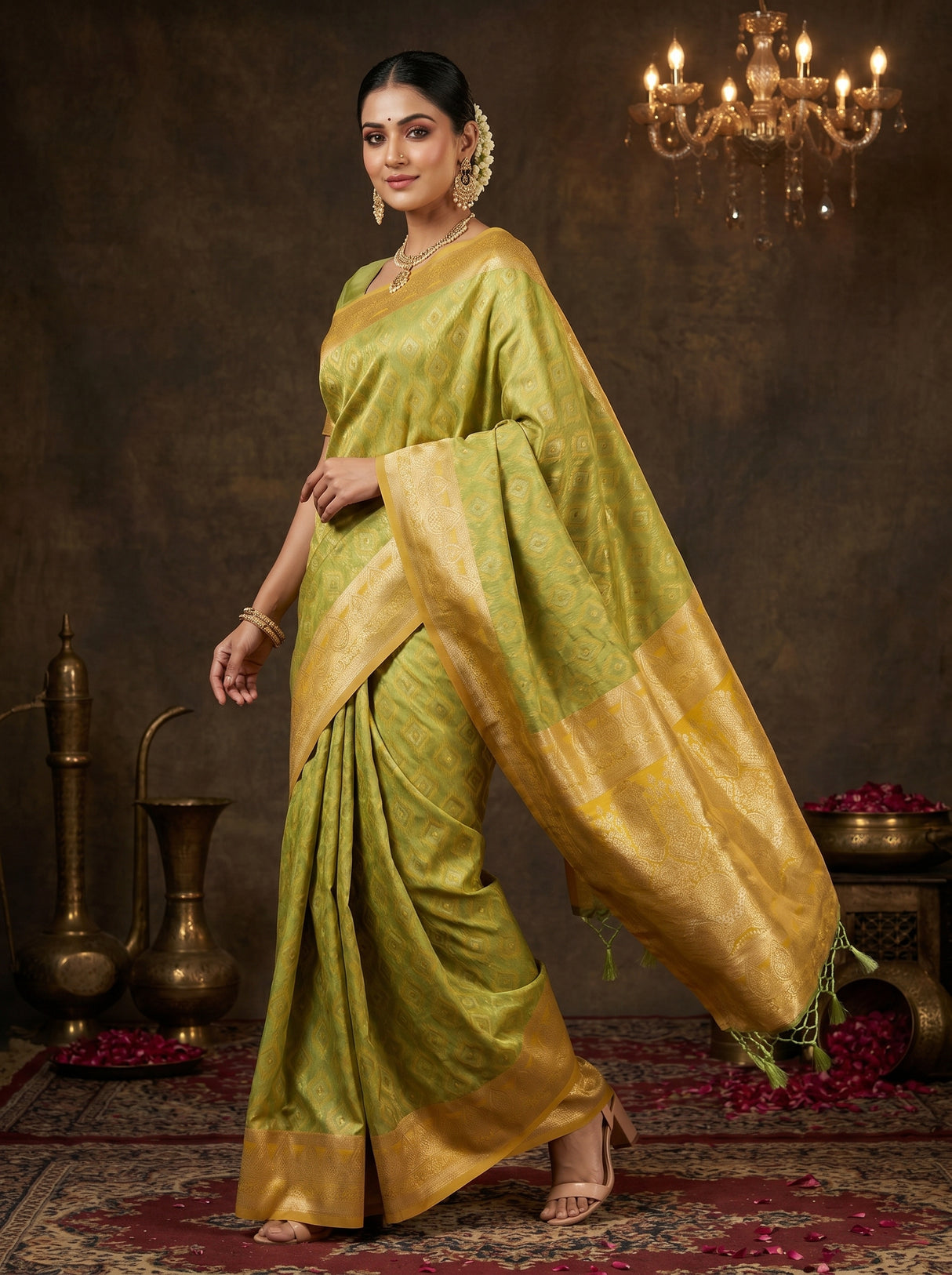 MIMOSA Yellow Kanjivaram Art Silk Saree — AI model full view
