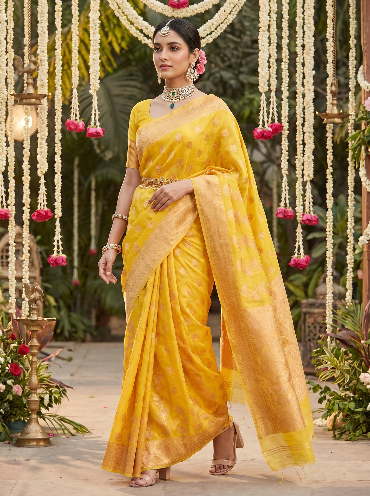 MIMOSA Gold Banarasi Linen Saree — Draped on Mannequin