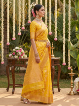 MIMOSA Gold Banarasi Linen Saree — Full View on Model