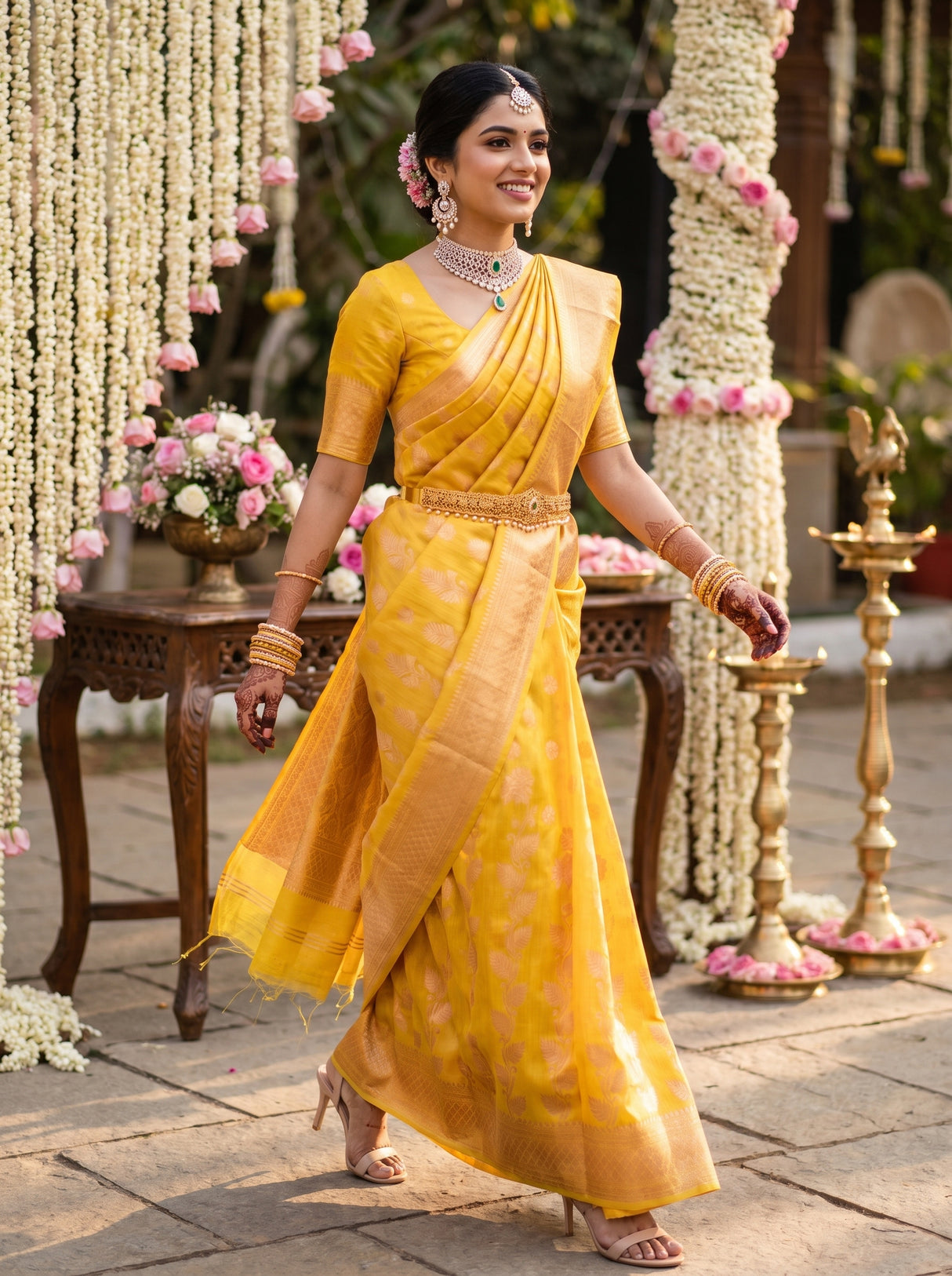 MIMOSA Gold Banarasi Linen Saree — pose 9 styling detail