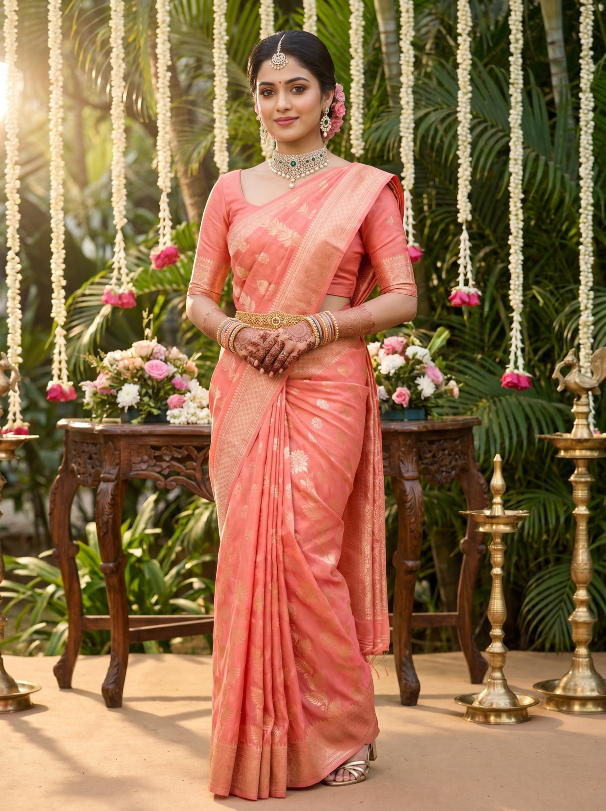 MIMOSA Gajari Banarasi Linen Saree — Draped on Mannequin