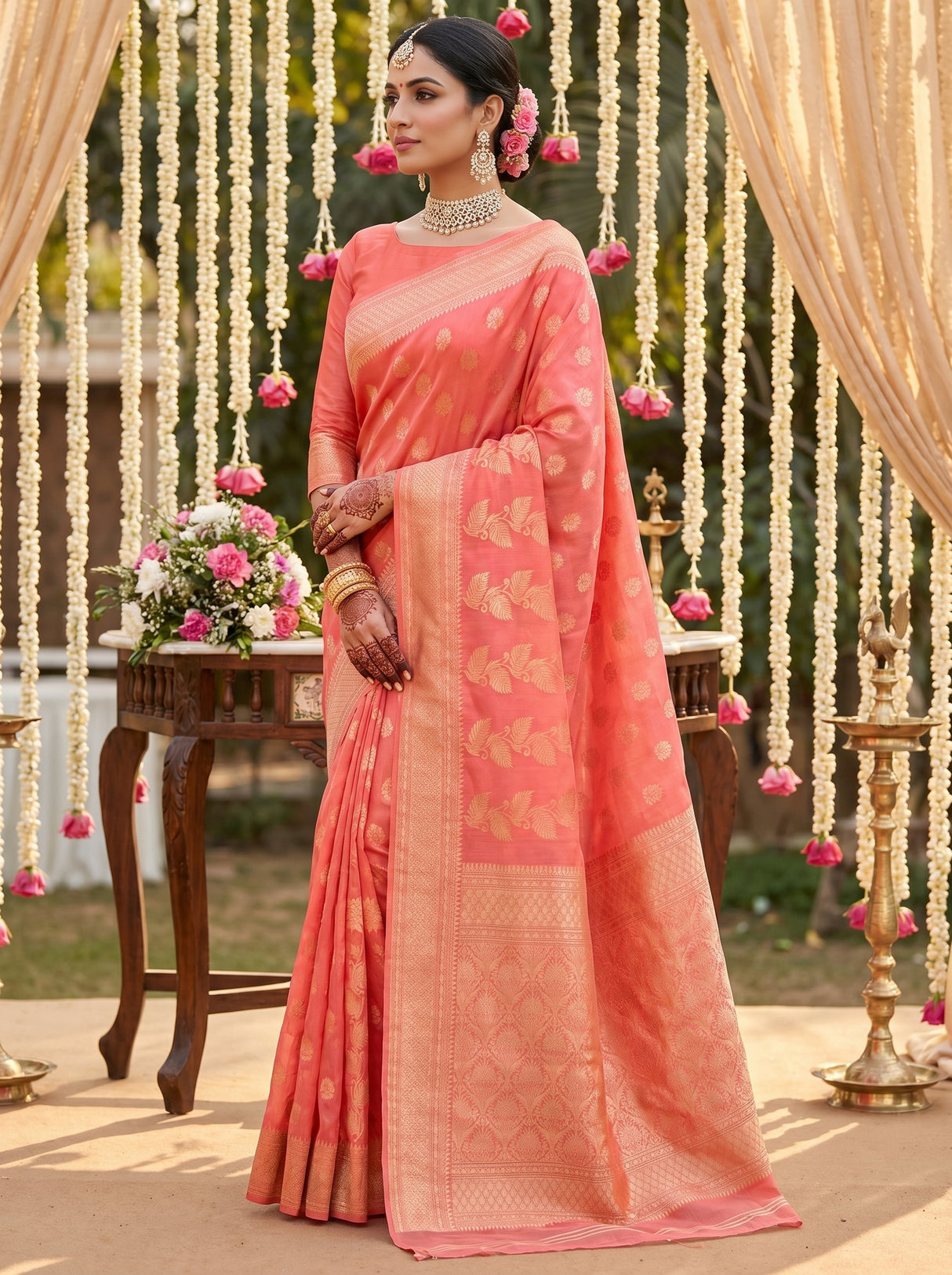 MIMOSA Gajari Banarasi Linen Saree — Full View on Model