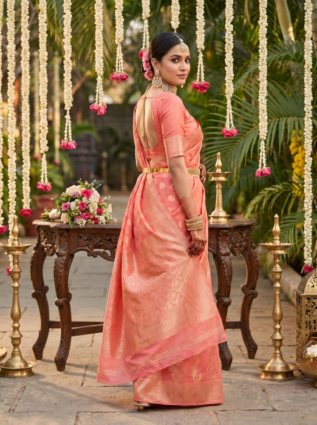 MIMOSA Gajari Banarasi Linen Saree — pose 8 styling detail