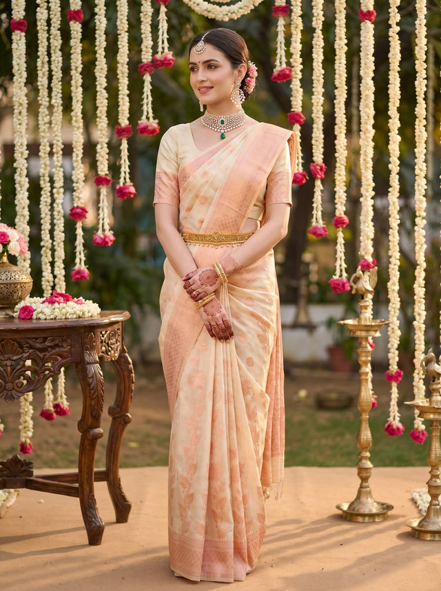 MIMOSA Half White Banarasi Linen Saree — Draped on Mannequin