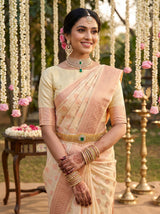 MIMOSA Half White Banarasi Linen Saree — pose 10 styling detail