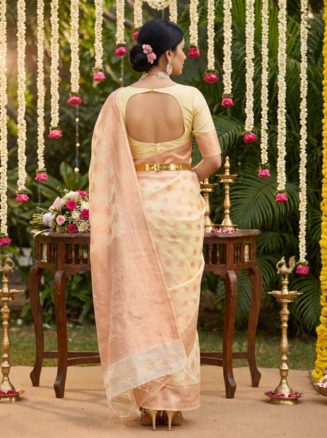 MIMOSA Half White Banarasi Linen Saree — Unstitched Blouse Fabric Detail