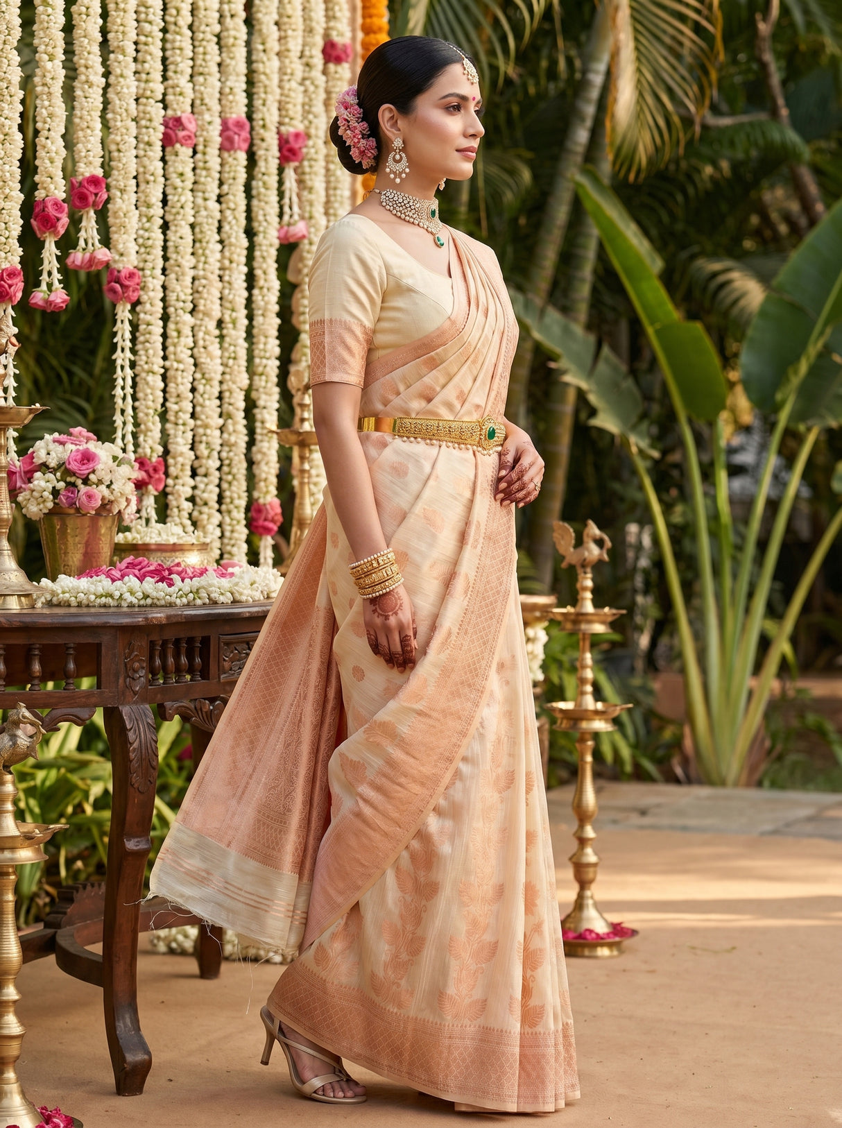 MIMOSA Half White Banarasi Linen Saree — Full View on Model