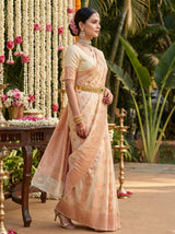 MIMOSA Half White Banarasi Linen Saree — Full View on Model