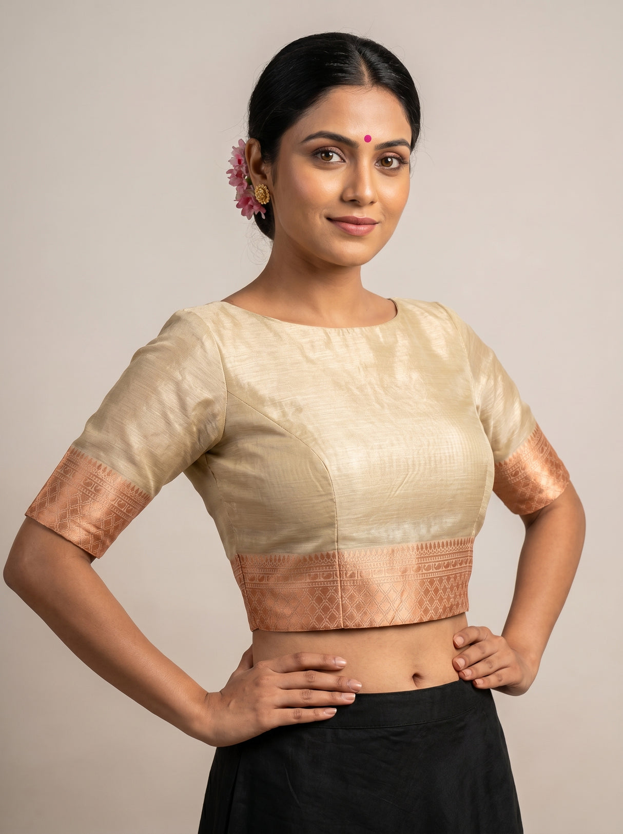 MIMOSA Half White Banarasi Linen Saree — blouse close-up