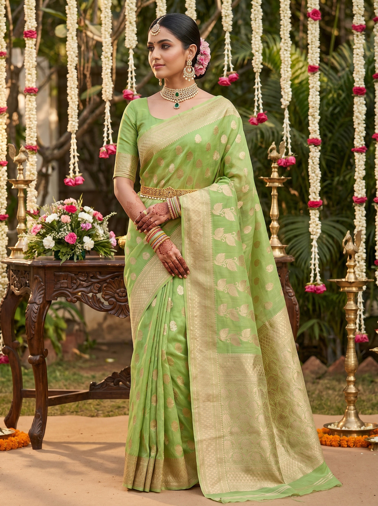 MIMOSA Pista Banarasi Linen Saree — Full View on Model