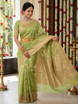 MIMOSA Pista Banarasi Linen Saree — pose 5 styling detail