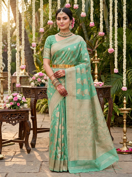 MIMOSA Rama Banarasi Linen Saree — Draped on Mannequin
