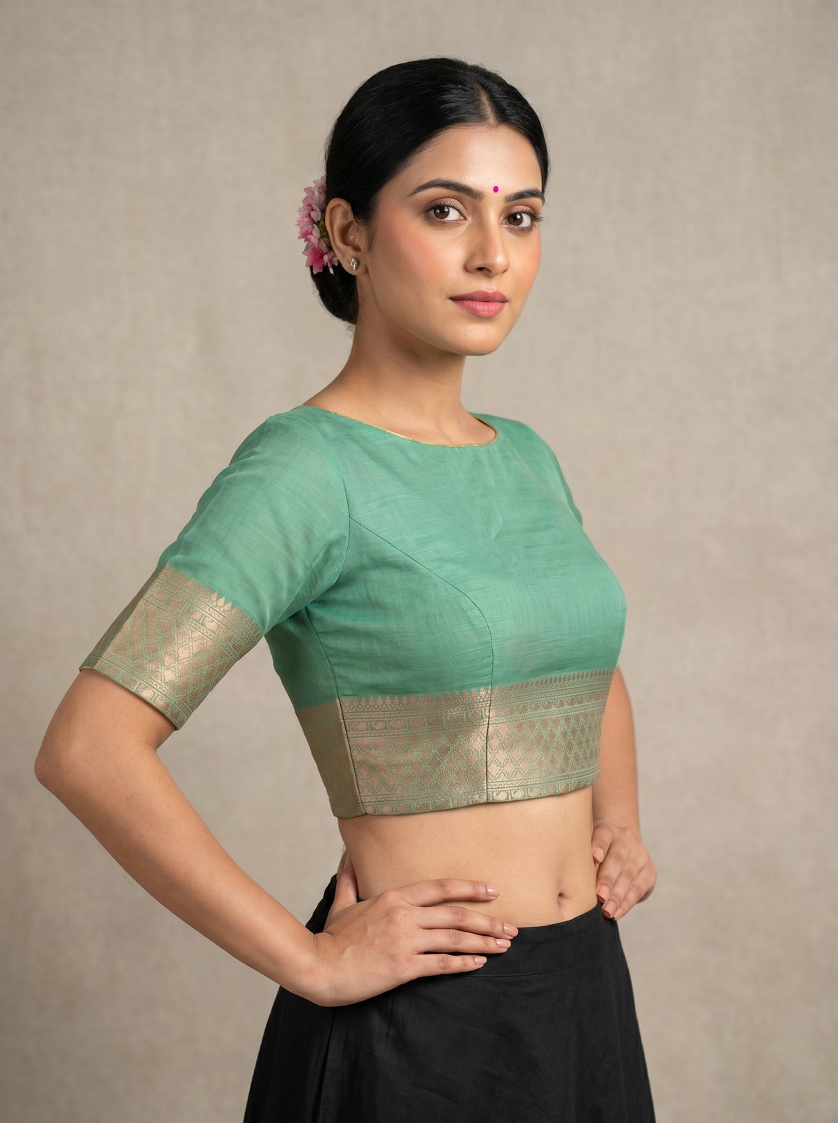 MIMOSA Rama Banarasi Linen Saree — blouse close-up
