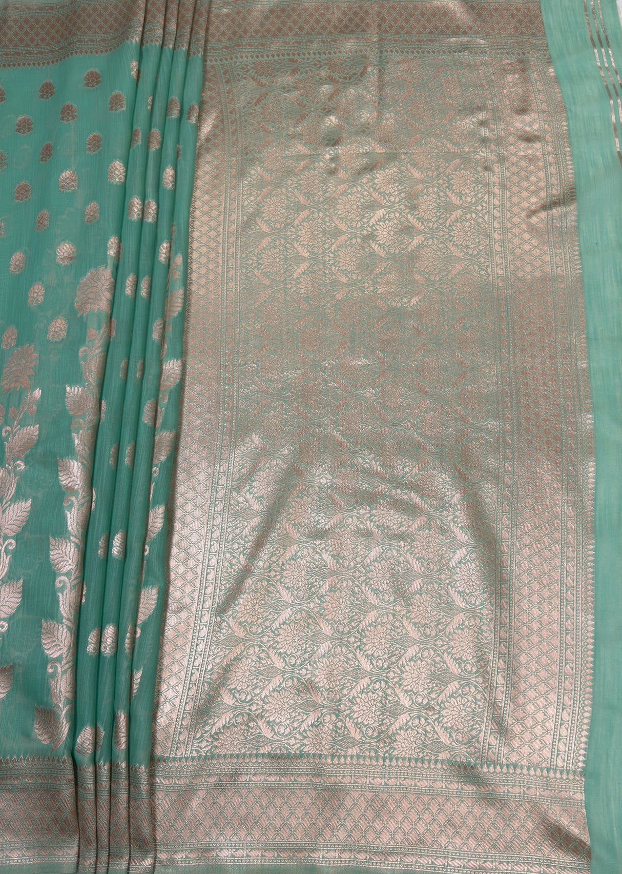 MIMOSA Rama Banarasi Linen Saree — pallu and zari work detail