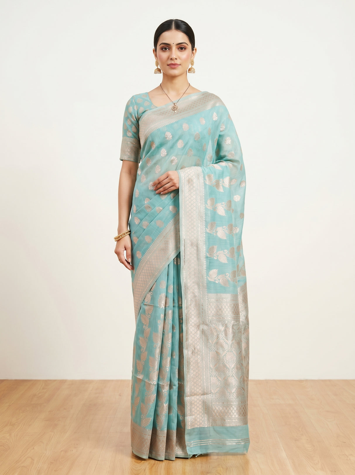MIMOSA Saffire Banarasi Linen Saree — Draped on Mannequin