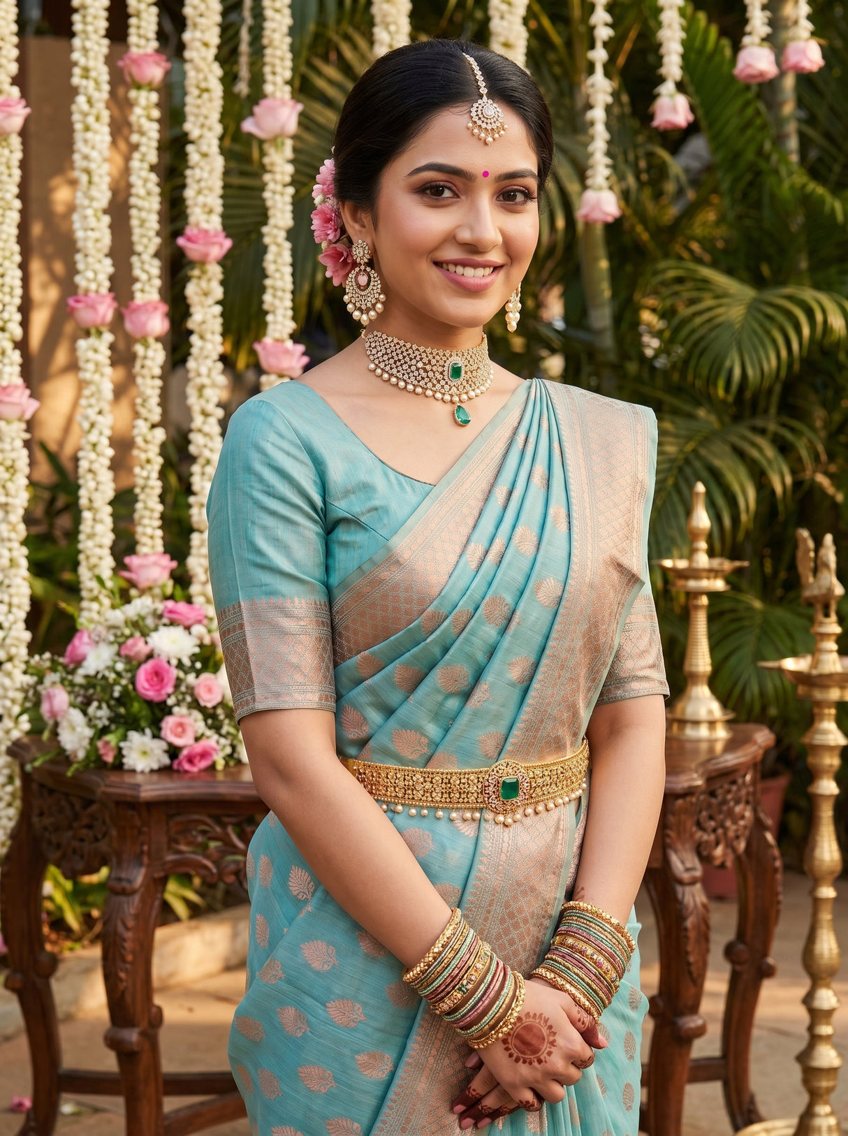 MIMOSA Saffire Banarasi Linen Saree — pose 10 styling detail