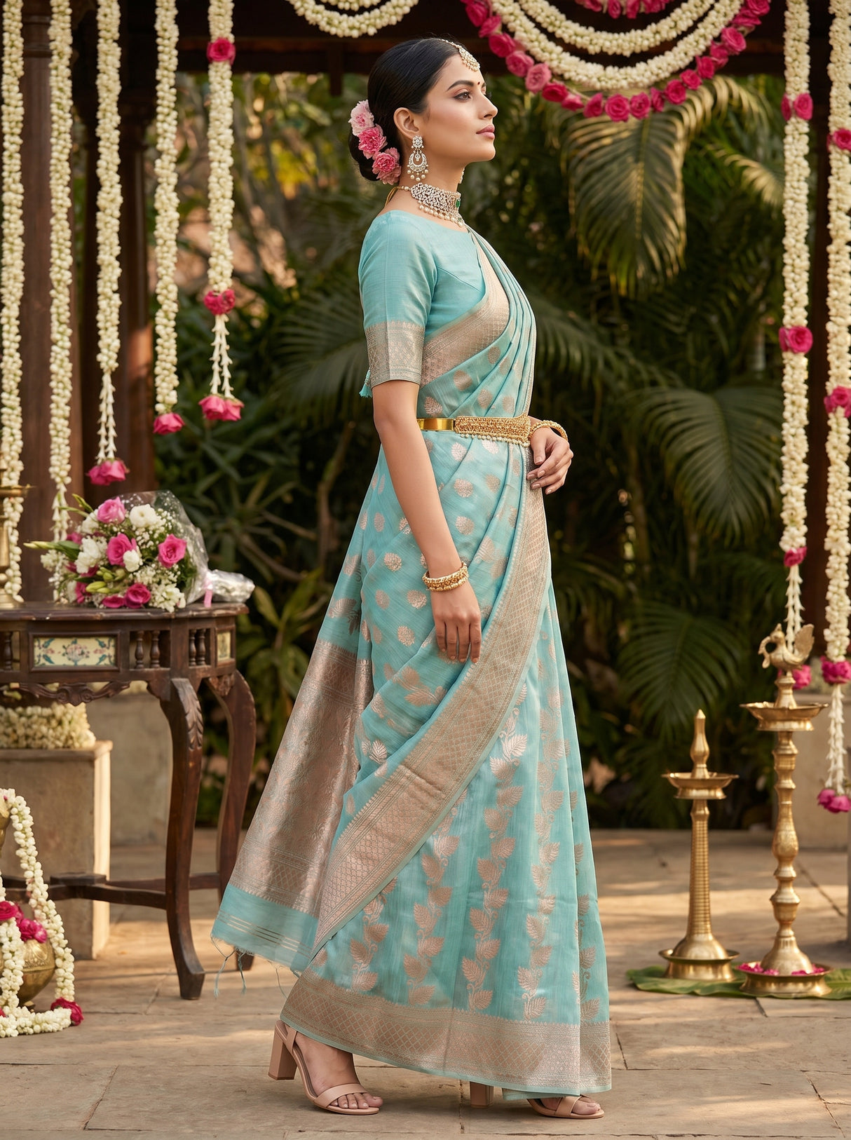 MIMOSA Saffire Banarasi Linen Saree — Full View on Model