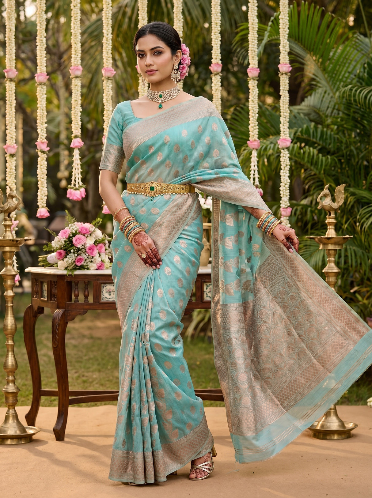 MIMOSA Saffire Banarasi Linen Saree — pose 5 styling detail