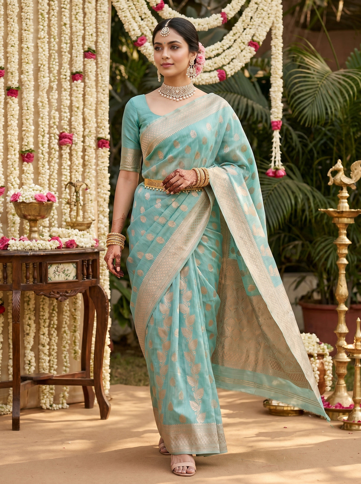 MIMOSA Saffire Banarasi Linen Saree — pose 6 styling detail
