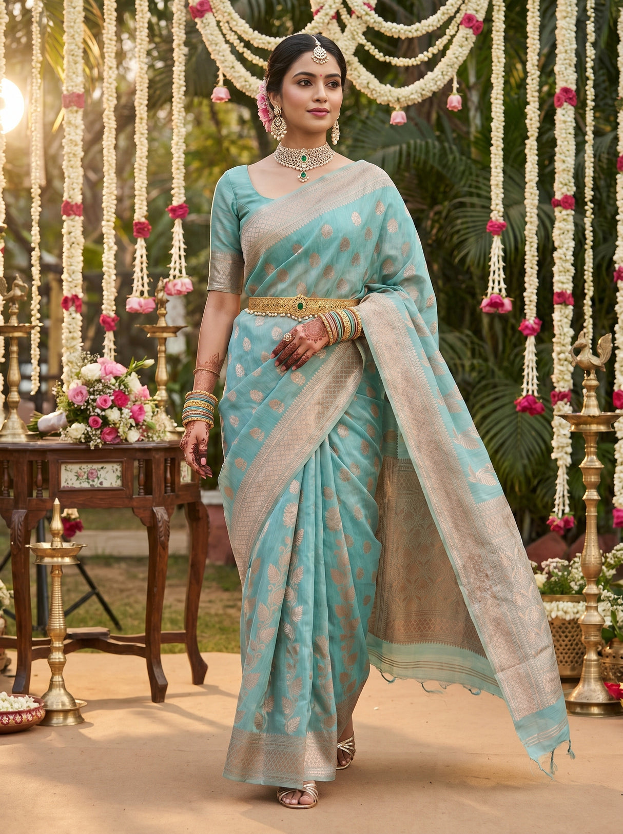 MIMOSA Saffire Banarasi Linen Saree — pose 9 styling detail