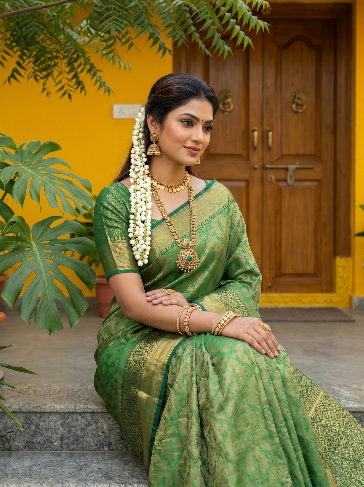 MIMOSA Green Kanjivaram Art Silk Saree — pose 10 styling detail