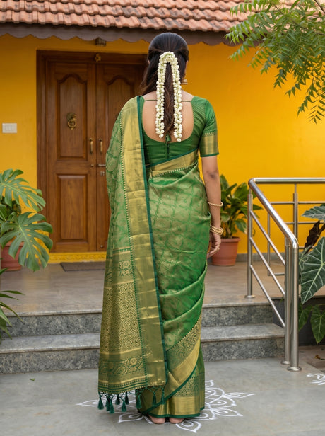 MIMOSA Green Kanjivaram Art Silk Saree — pose 2 styling detail