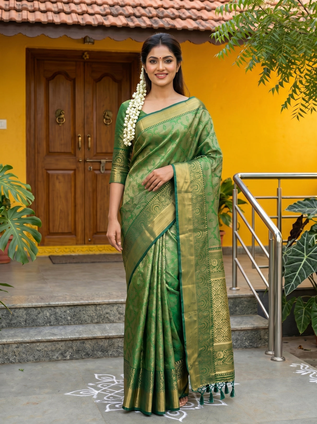 MIMOSA Green Kanjivaram Art Silk Saree — pose 4 styling detail