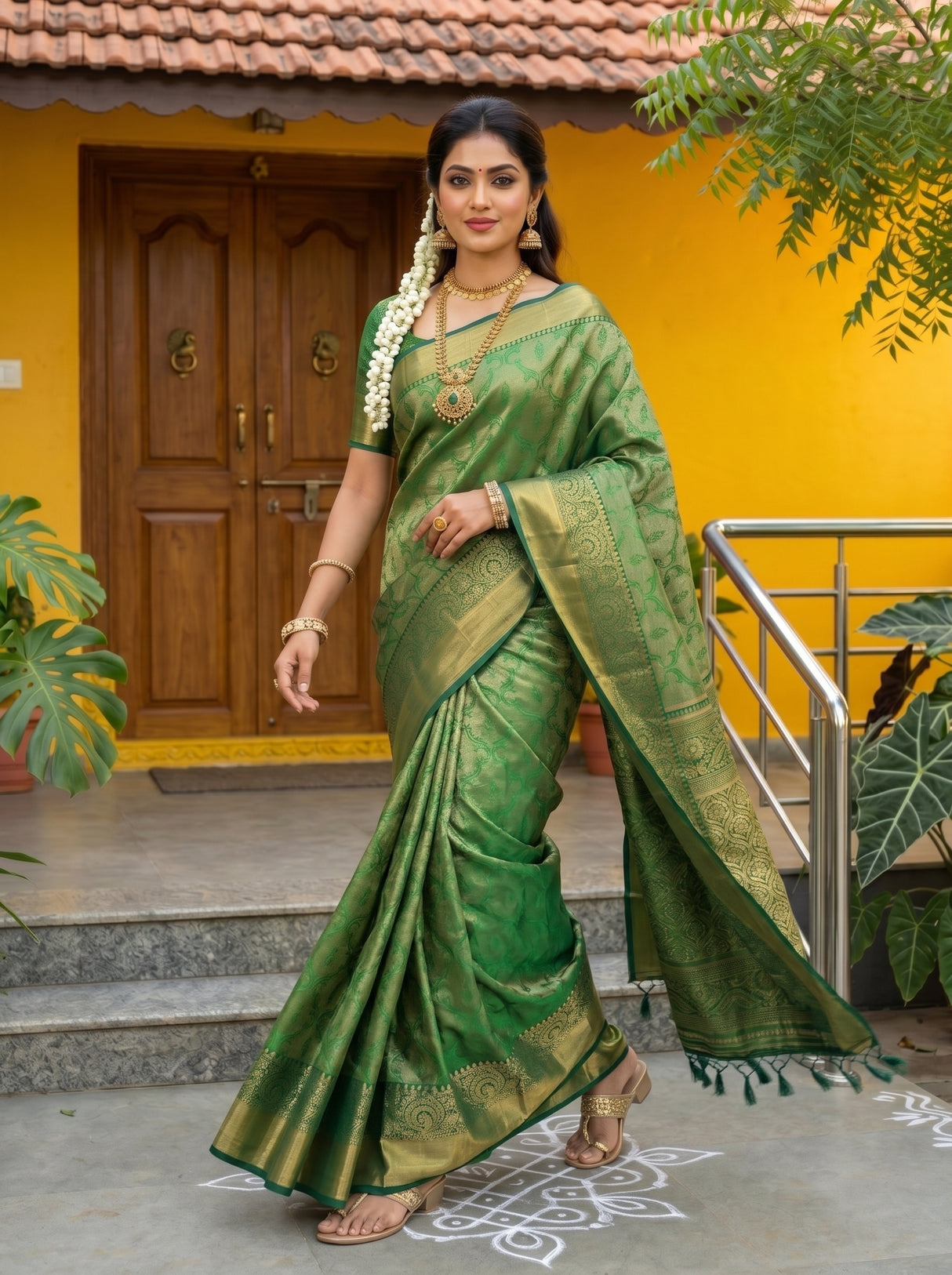 MIMOSA Green Kanjivaram Art Silk Saree — pose 6 styling detail