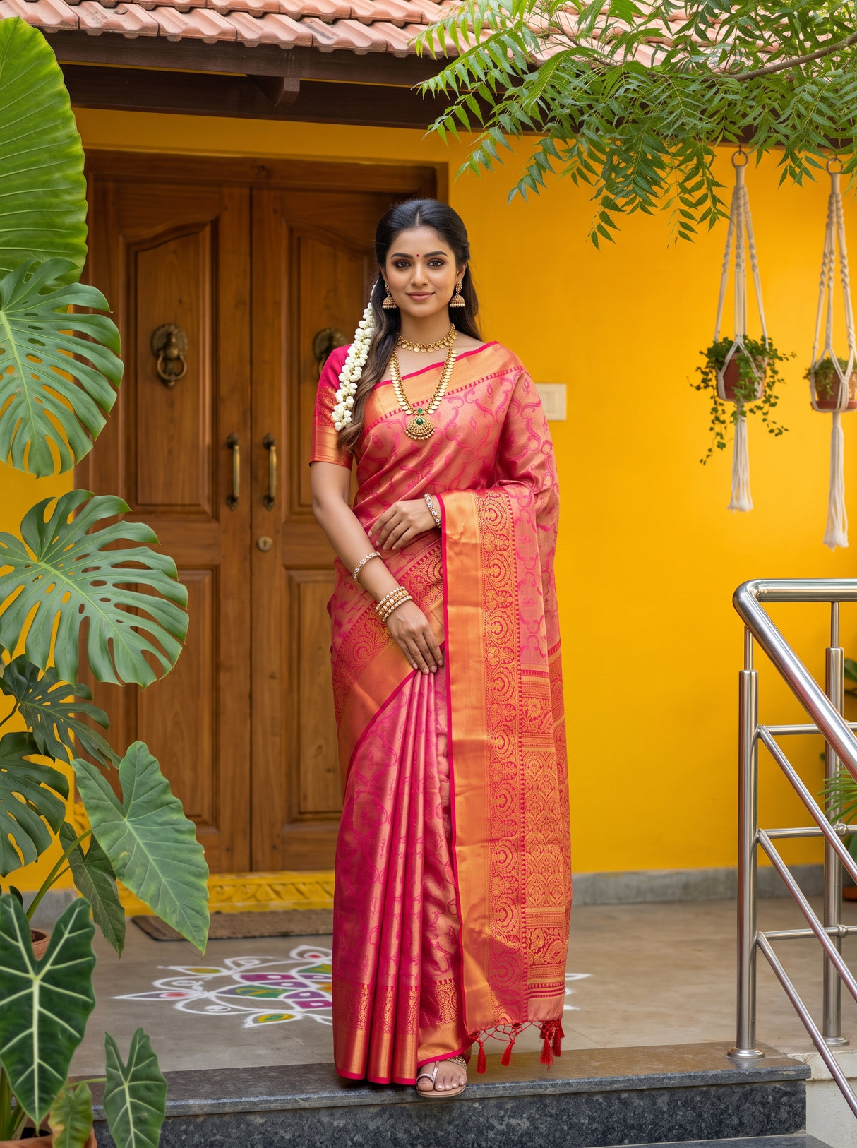 MIMOSA Rani Kanjivaram Art Silk Saree — Model lifestyle pose