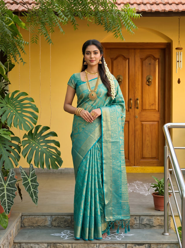 MIMOSA Sapphire Kanjivaram Art Silk Saree — Model lifestyle pose