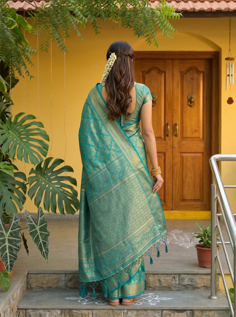 MIMOSA Sapphire Kanjivaram Art Silk Saree — pose 2 styling detail