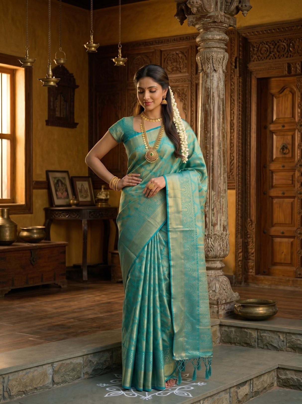 MIMOSA Sapphire Kanjivaram Art Silk Saree — pose 4 styling detail