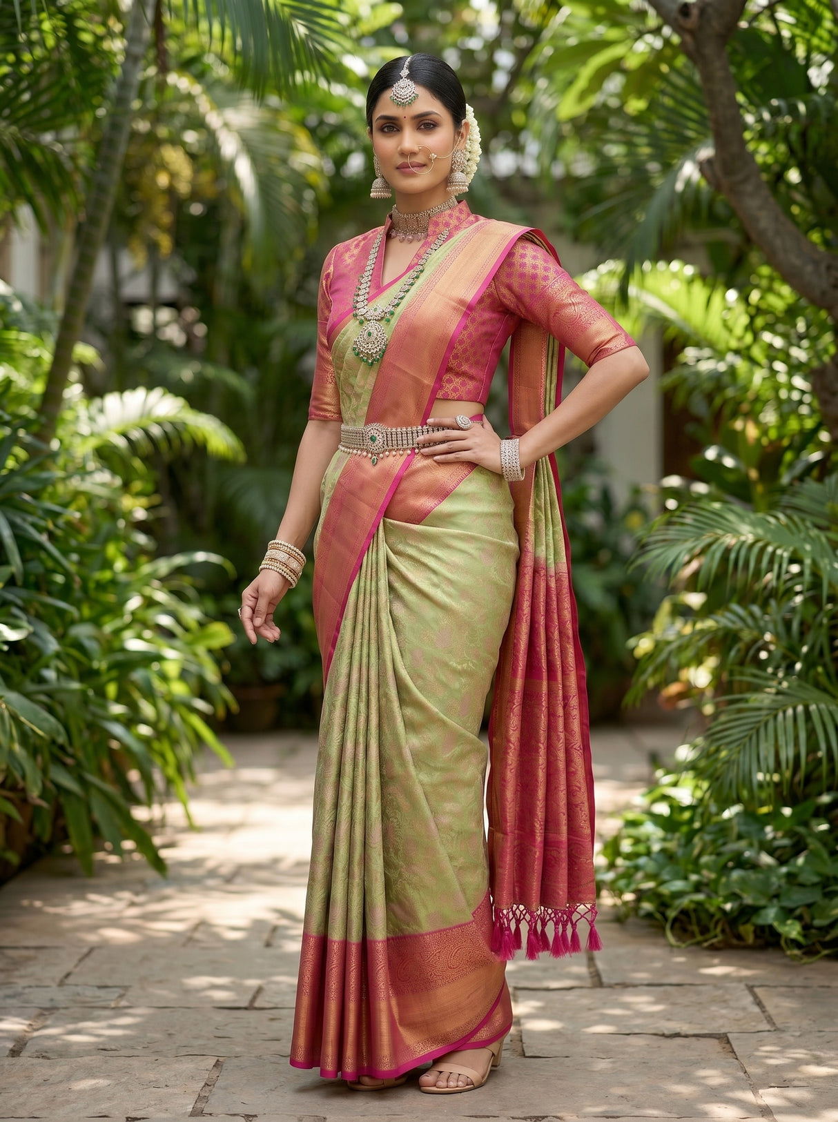 MIMOSA Bottle Green Kanjivaram Art Silk Saree — pose 4 styling detail