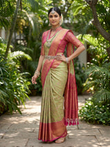 MIMOSA Bottle Green Kanjivaram Art Silk Saree — pose 4 styling detail
