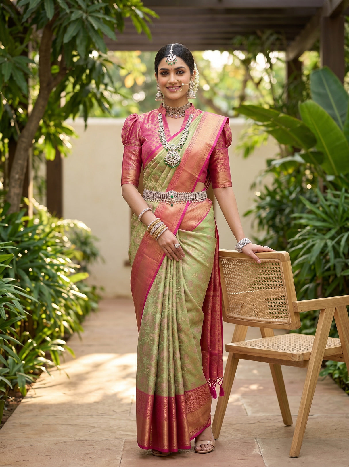 MIMOSA Bottle Green Kanjivaram Art Silk Saree — pose 5 styling detail
