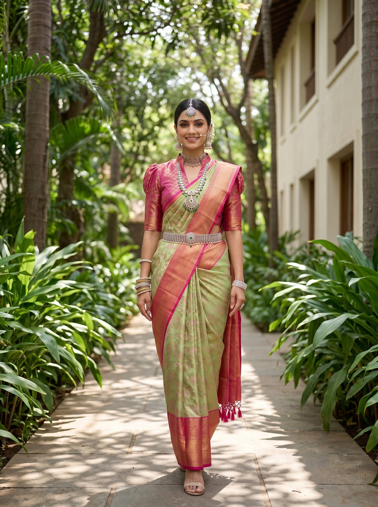 MIMOSA Bottle Green Kanjivaram Art Silk Saree — pose 6 styling detail