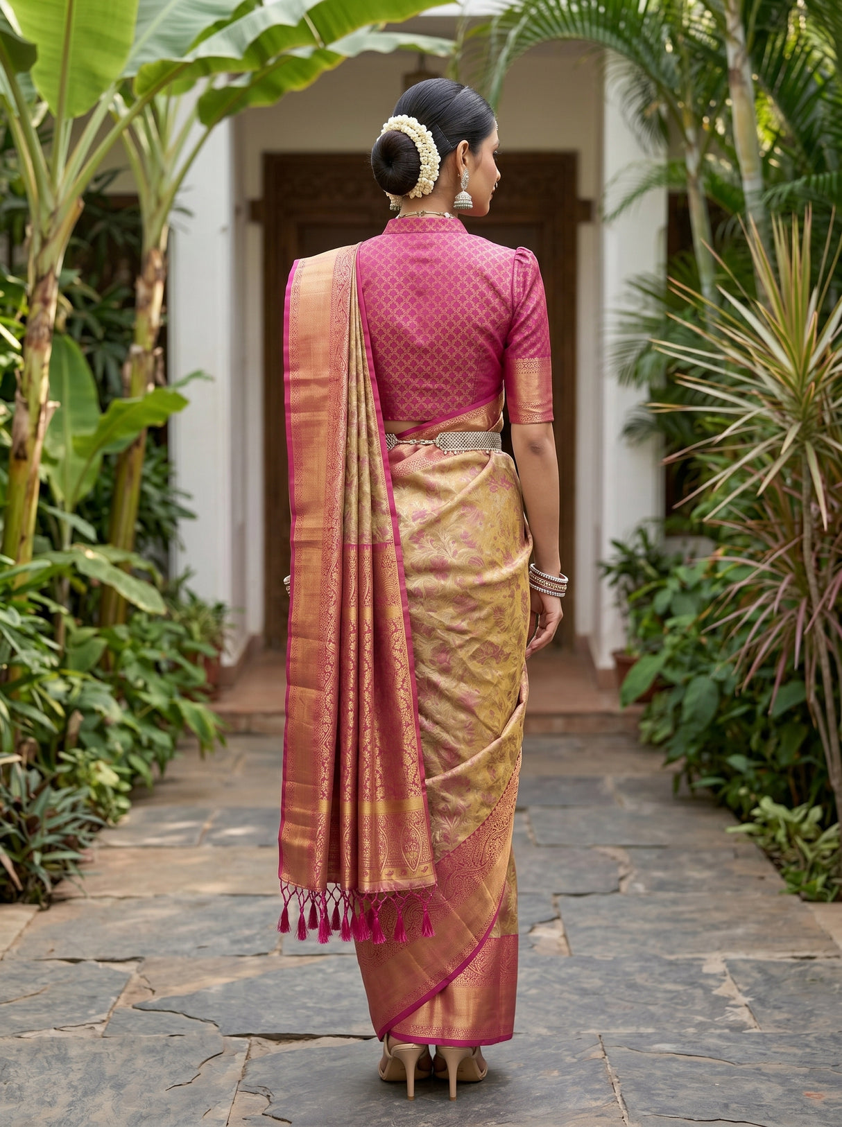 MIMOSA Maroon Kanjivaram Art Silk Saree — model wearing traditionally draped