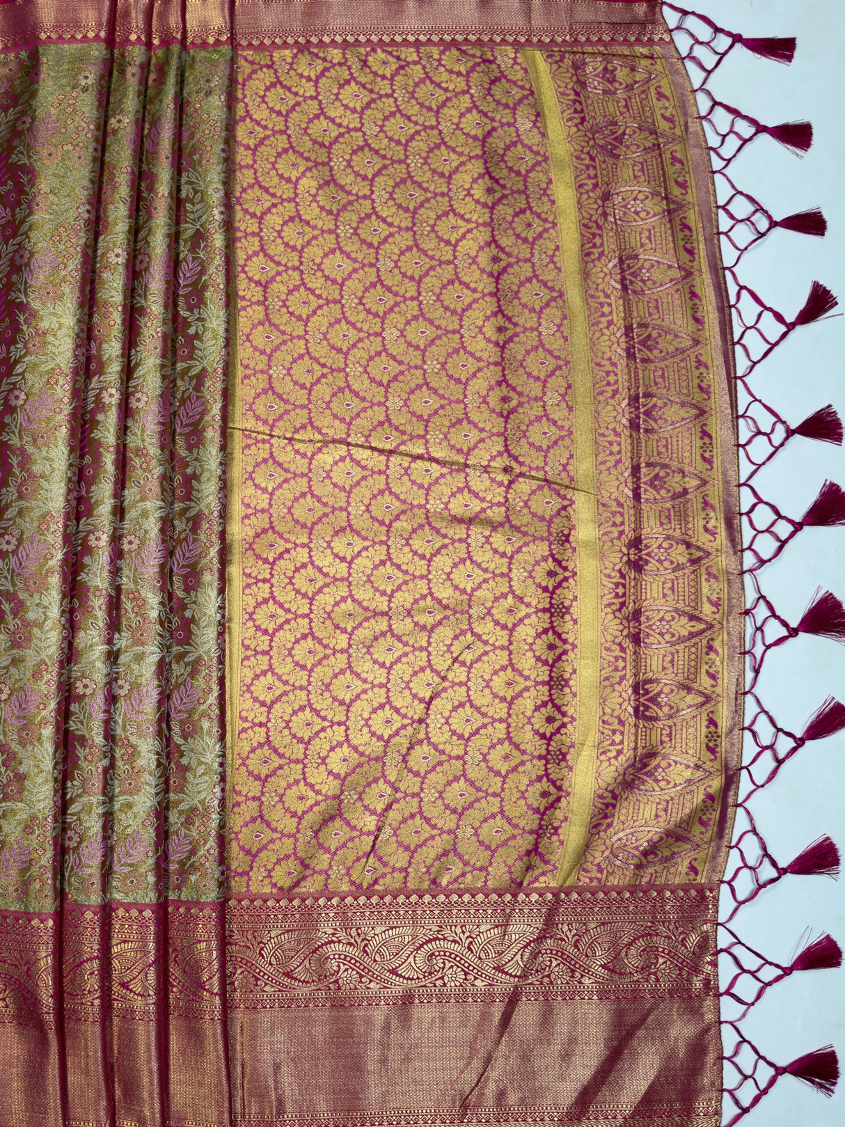 MIMOSA Maroon Kanjivaram Art Silk Saree — pallu and zari work detail