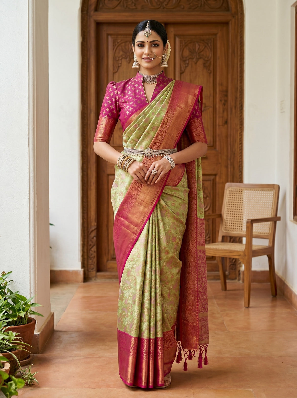 MIMOSA Olive Kanjivaram Art Silk Saree — pallu and body details