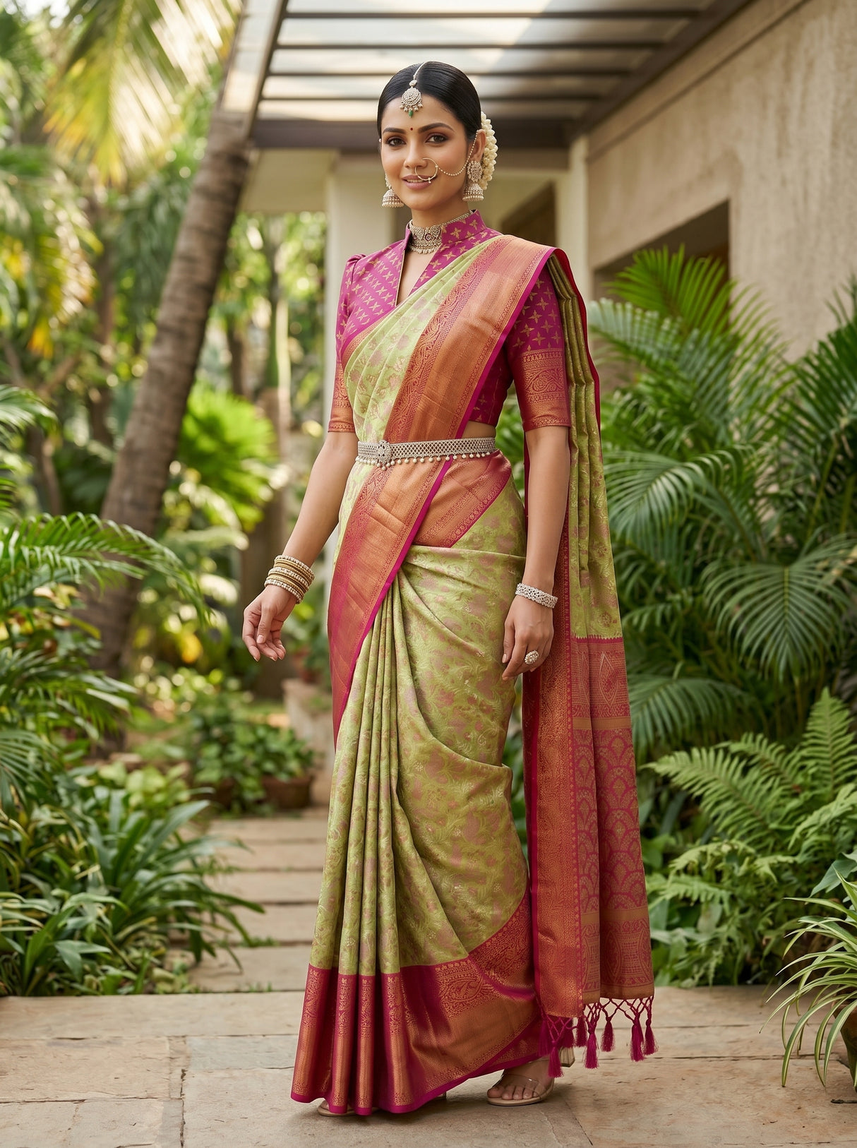 MIMOSA Olive Kanjivaram Art Silk Saree — pose 9 styling detail