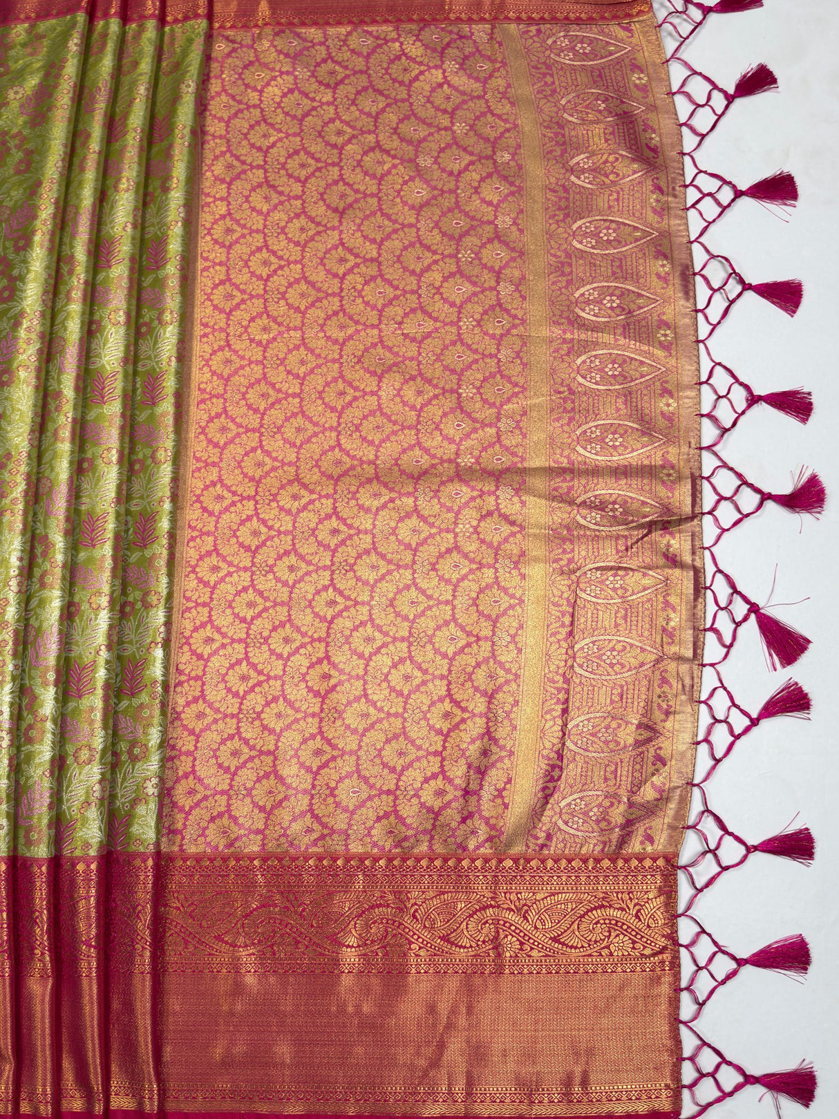 MIMOSA Olive Kanjivaram Art Silk Saree — pallu and zari work detail