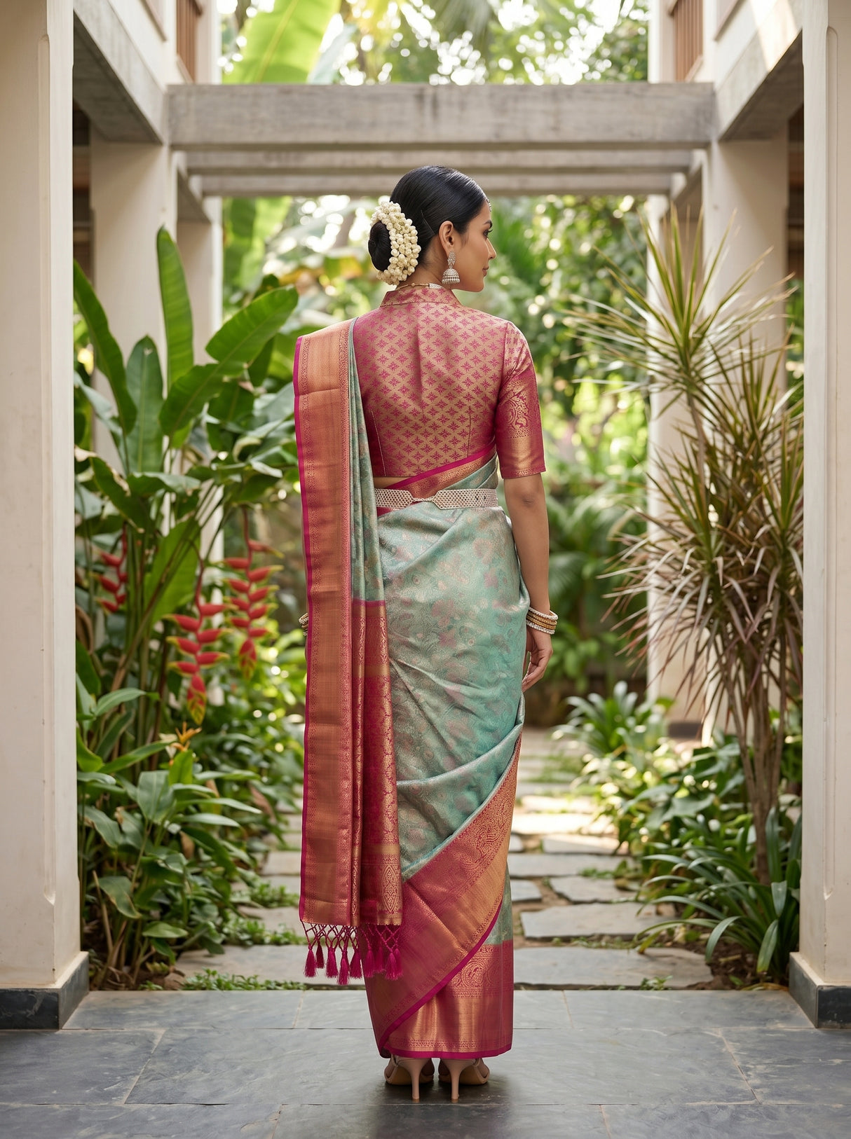MIMOSA Sapphire Kanjivaram Art Silk Saree — model wearing traditionally draped