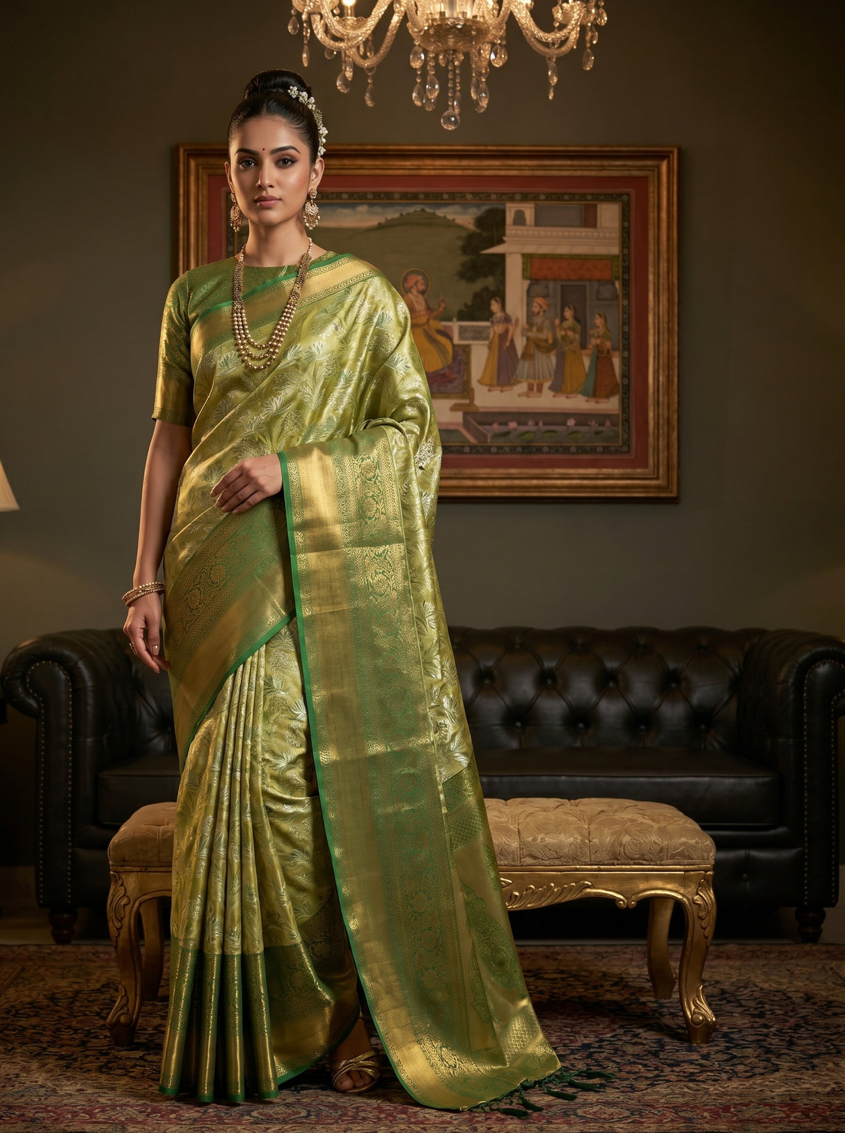 MIMOSA Olive Kanjivaram Art Silk Saree — Draped Mannequin View