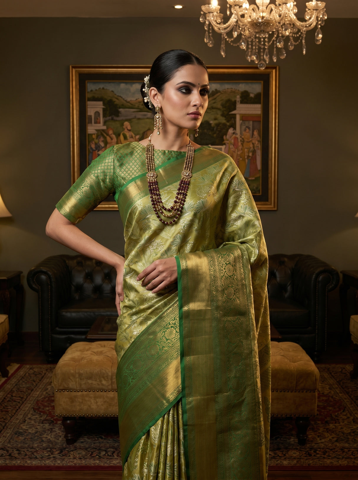 MIMOSA Olive Kanjivaram Art Silk Saree — pose 10 styling detail