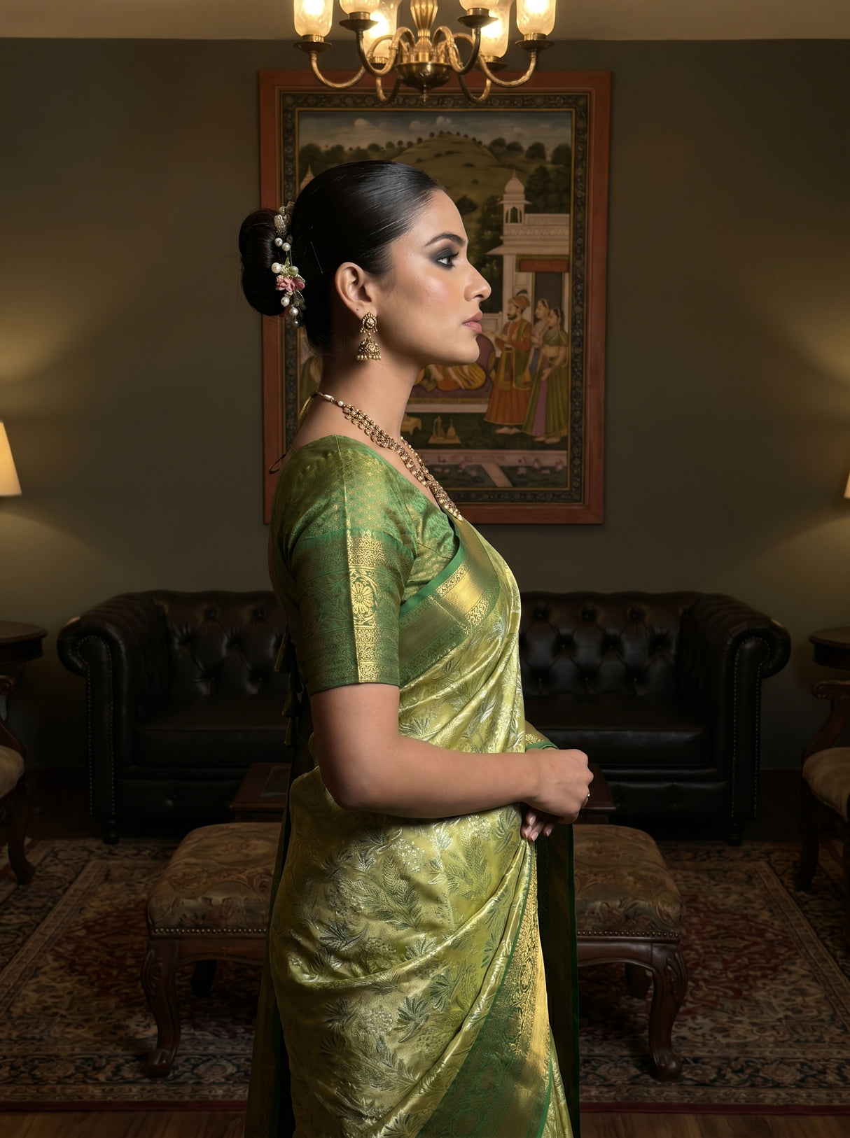 MIMOSA Olive Kanjivaram Art Silk Saree — Full View on Model