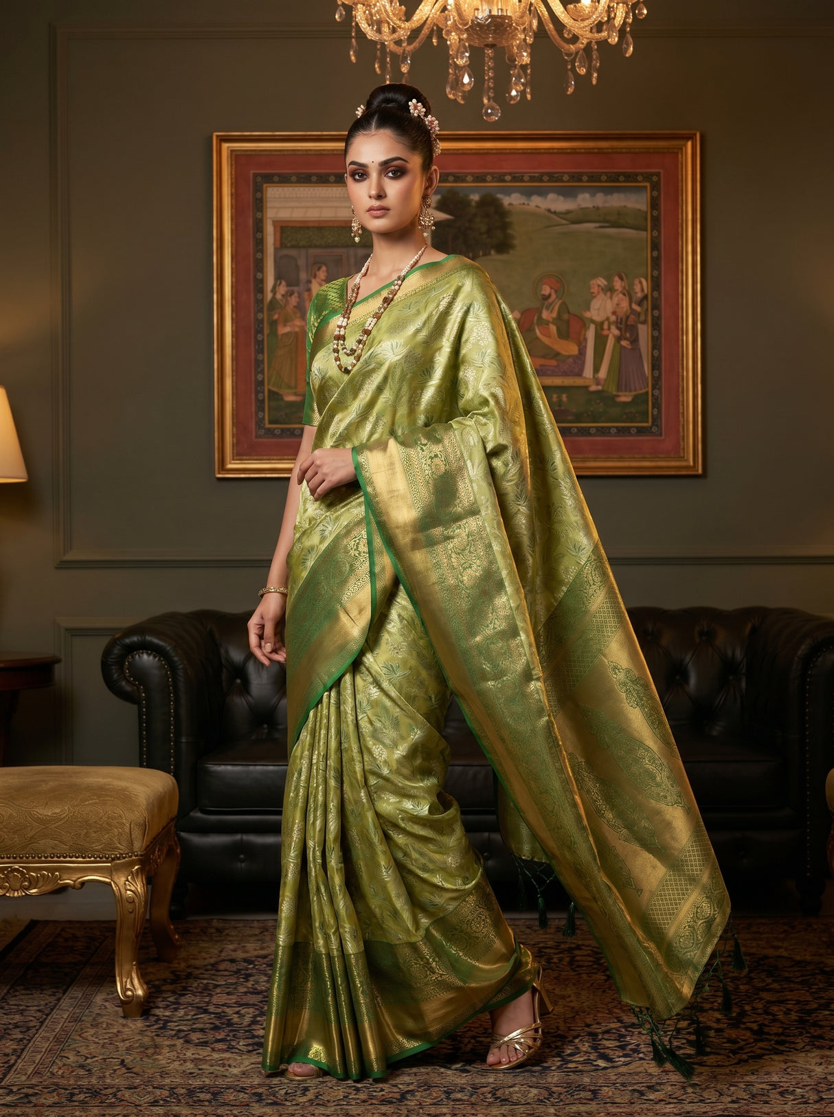 MIMOSA Olive Kanjivaram Art Silk Saree — pose 5 styling detail