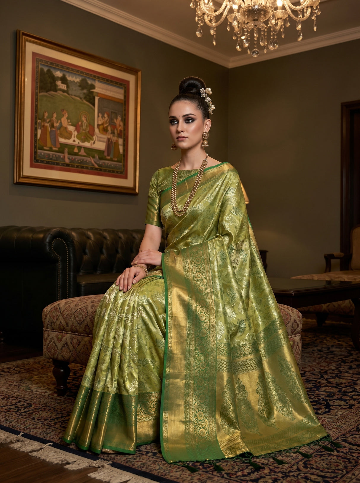 MIMOSA Olive Kanjivaram Art Silk Saree — pose 8 styling detail