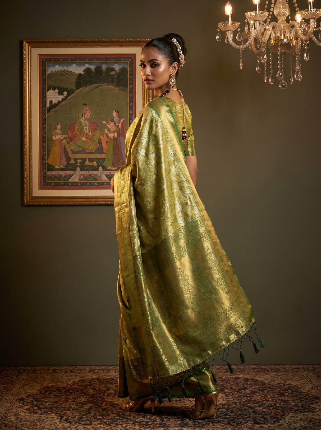 MIMOSA Olive Kanjivaram Art Silk Saree — pose 9 styling detail
