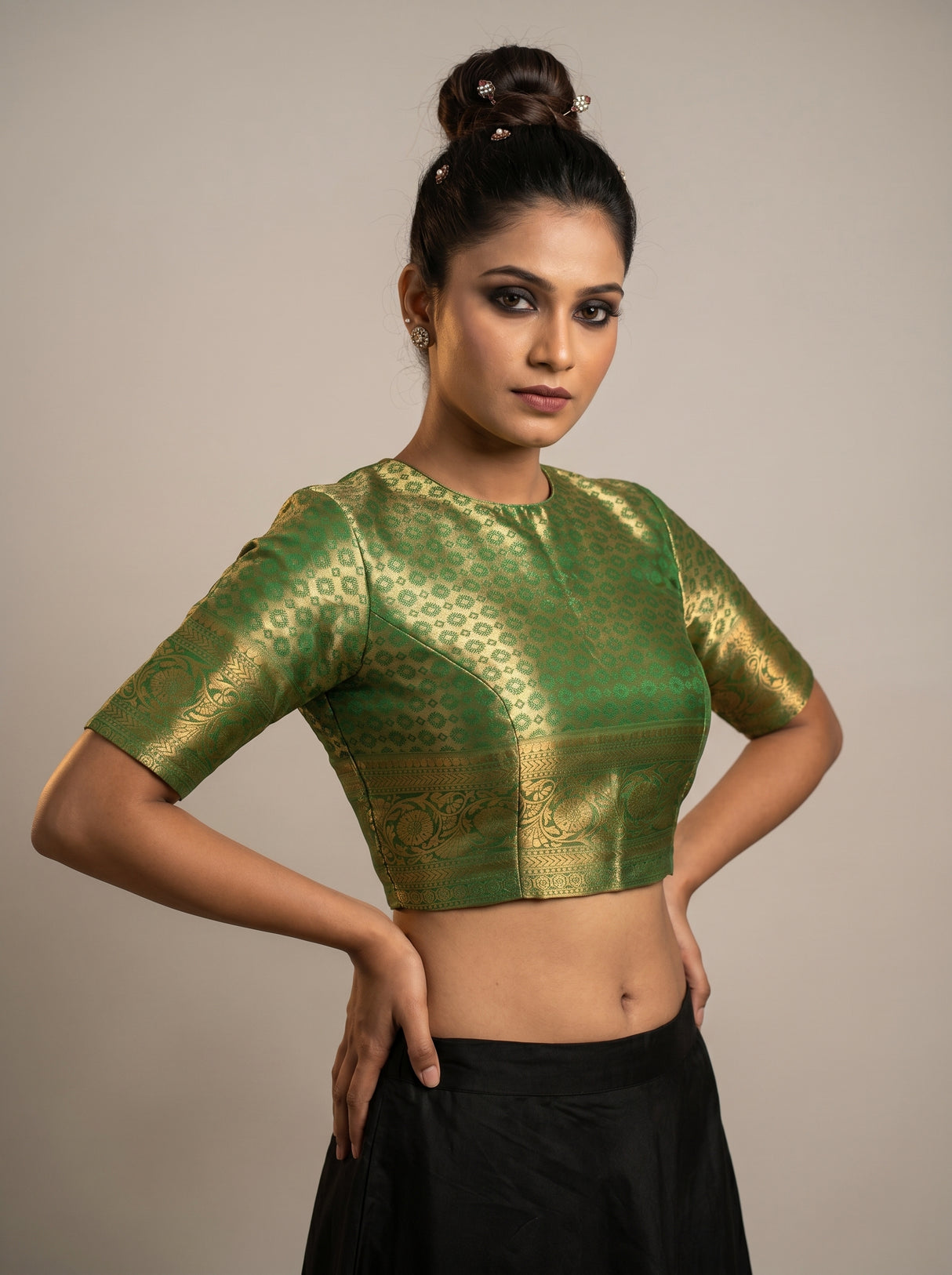 MIMOSA Olive Kanjivaram Art Silk Saree — blouse close-up